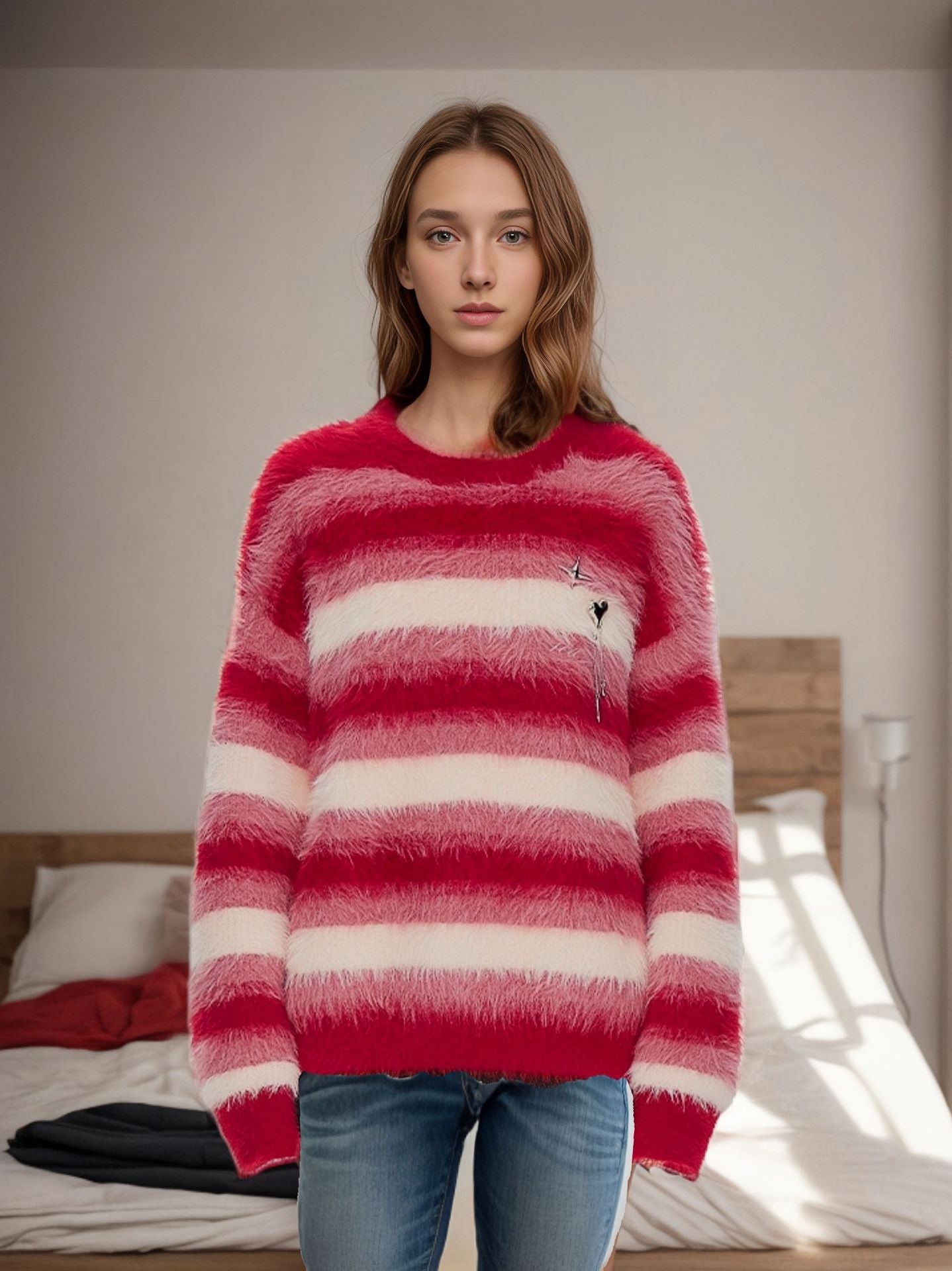 Autumn And Winter Loose Oversized Knitted Top European And American Christmas Round Neck Red Striped Long Velvet Sweater