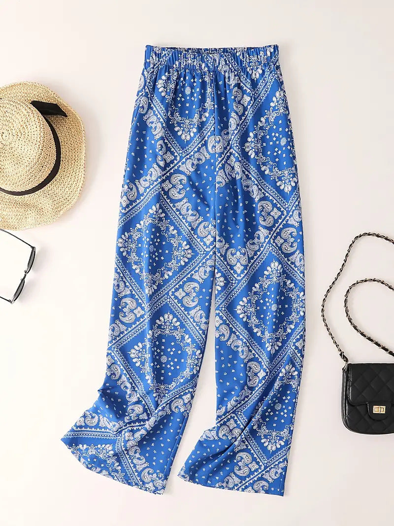 Women's Paisley Scarf Print Wide Leg Bohemian Casual Loose Pants