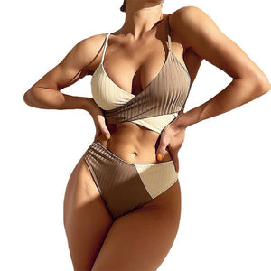 Bikini Patchwork Swimwear Ribbed Women's Swimsuit Knot Back Beachwear Ruched Butt Biquinis Bathing Suits