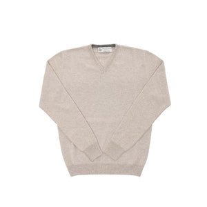 Crown of Edinburgh Cashmere - Crown of Edinburgh Cashmere Mens V Neck Sweater COE 0012 BEIGE