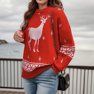 Christmas Elk Autumn And Winter Loose Women's Knitwear Round Neck Brocade Sweater