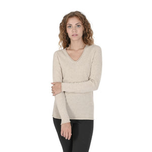 Crown of Edinburgh Cashmere - Crown of Edinburgh Cashmere Womens V Neck Sweater COE 0022 BEIGE