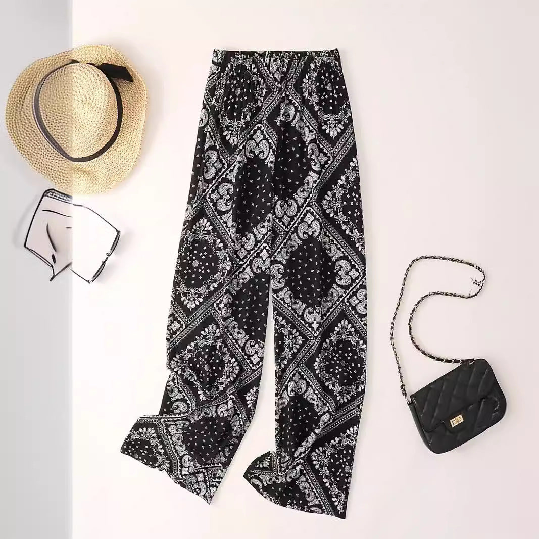 Women's Paisley Scarf Print Wide Leg Bohemian Casual Loose Pants