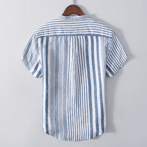 Men's Half Sleeve Striped Shirt Casual Linen Breathable Color Matching Short Sleeve Shirt Men