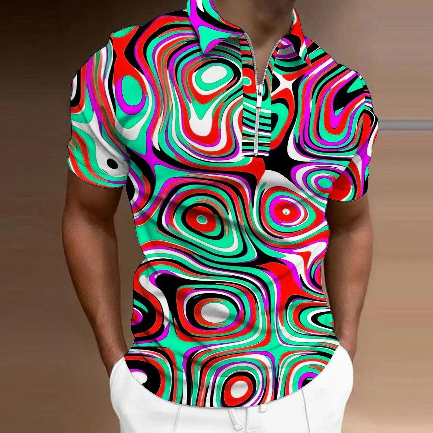 Casual Men's Shirt Golf Shirt Optical Illusion 3D Printing Zipper And Lapel Short Sleeve