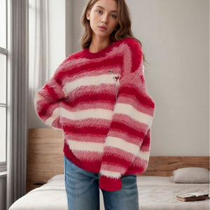 Autumn And Winter Loose Oversized Knitted Top European And American Christmas Round Neck Red Striped Long Velvet Sweater