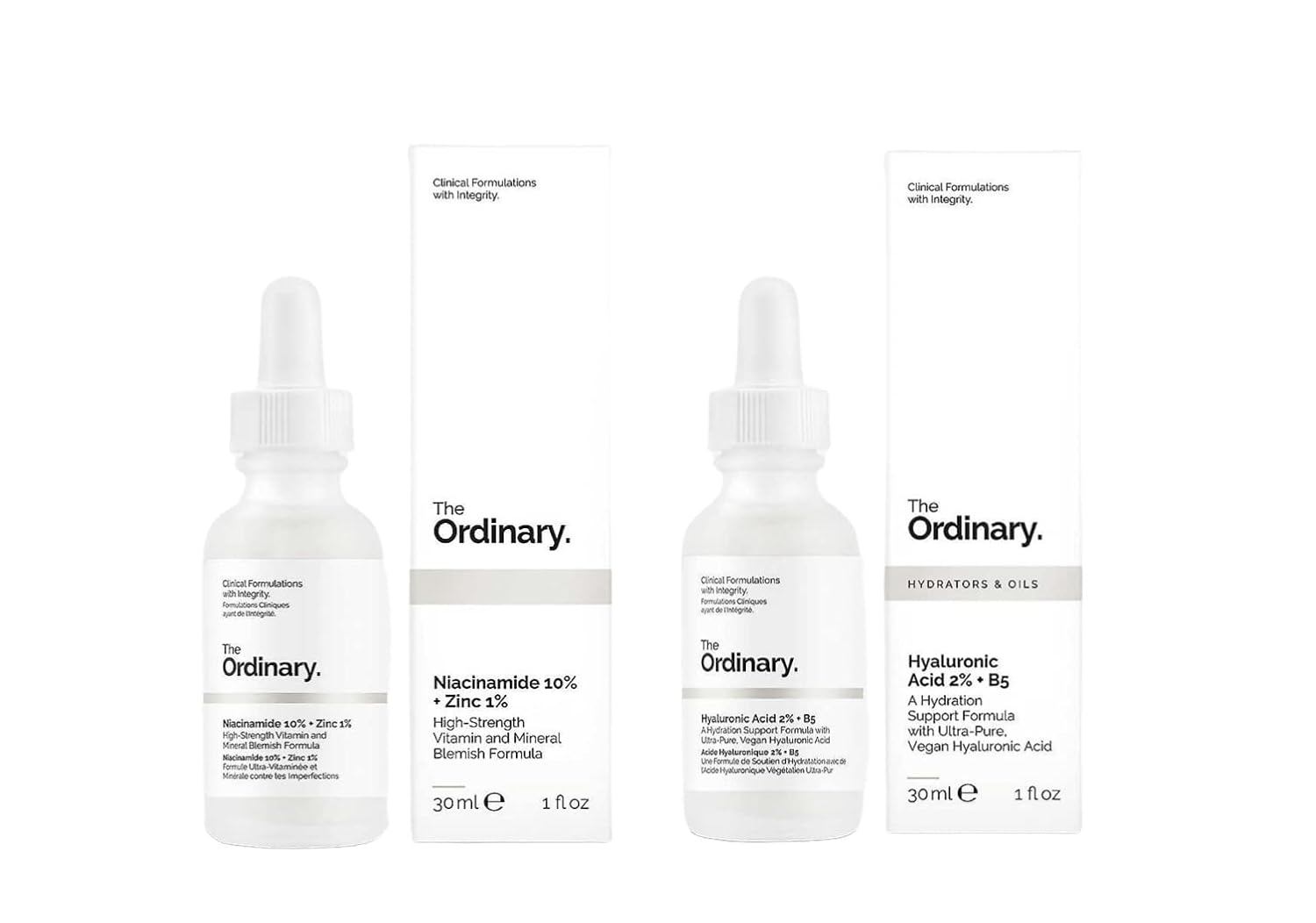 The Ordinary Facial Treatment: Hyaluronic Acid with 2% + B5 (30ml) and The Ordinary Niacinamide 10% + Zinc 1% (30ml) Bundle Face Care Set