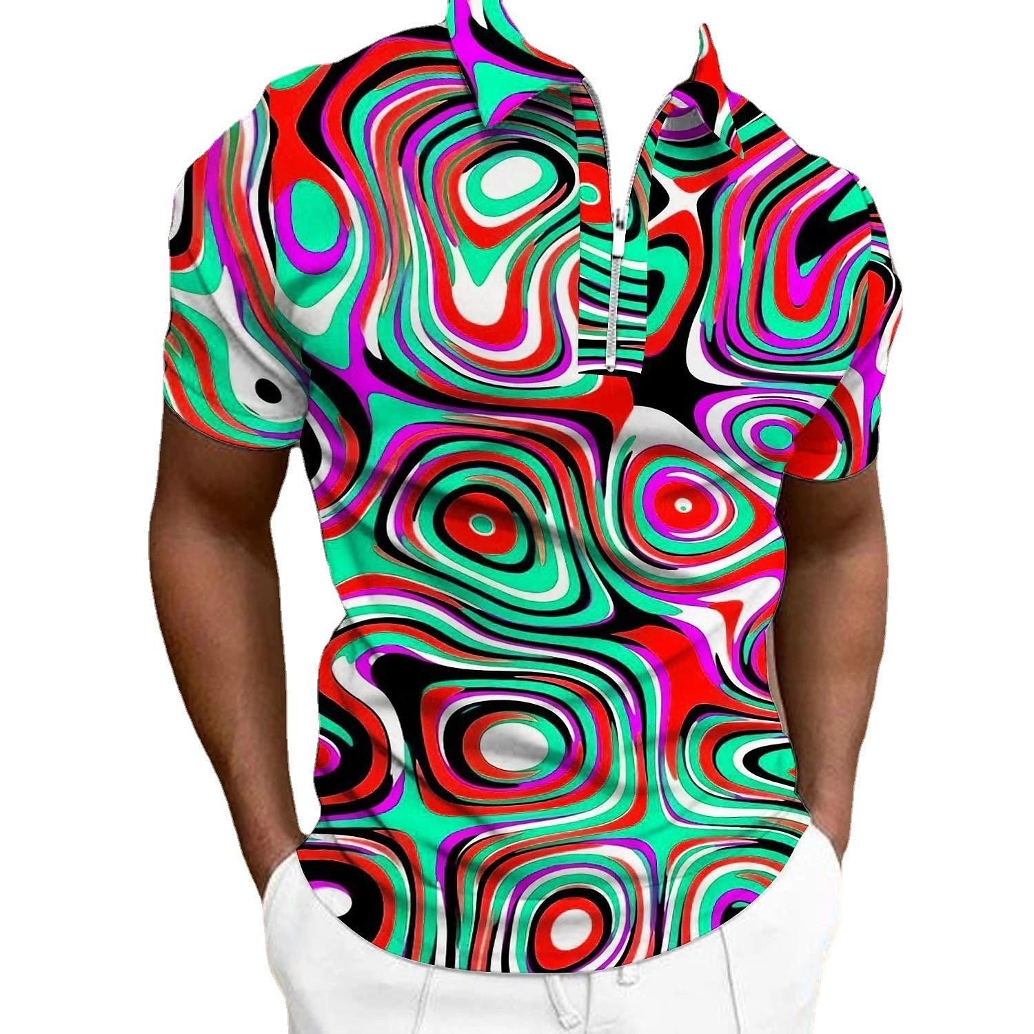 Casual Men's Shirt Golf Shirt Optical Illusion 3D Printing Zipper And Lapel Short Sleeve