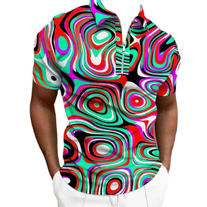 Casual Men's Shirt Golf Shirt Optical Illusion 3D Printing Zipper And Lapel Short Sleeve