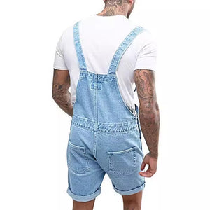 Retro Men's Denim With Hole Shorts One-piece Working Bib Top Pants