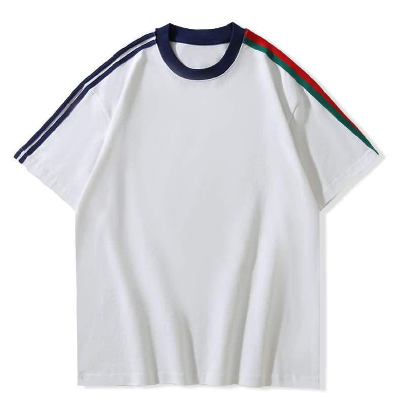 Cotton Heavy Raglan Color Stripes Short Sleeve Men's European And American Couple Loose Solid Color Color Stripes T-shirt