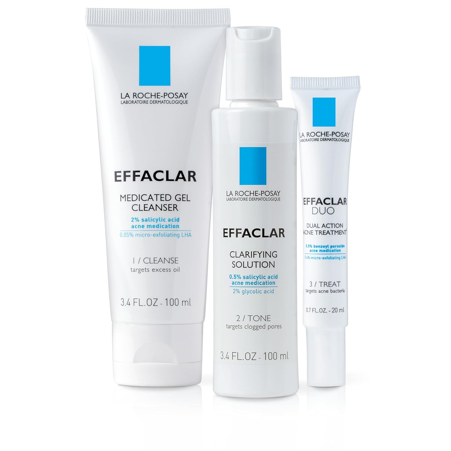 La Roche-Posay La Roche-Posay Effaclar Dermatological 3 Step Acne Treatment System, Salicylic Acid Acne Cleanser, Pore Refining Toner, and Benzoyl Peroxide Spot Treatment for Sensitive Skin, 2-Month