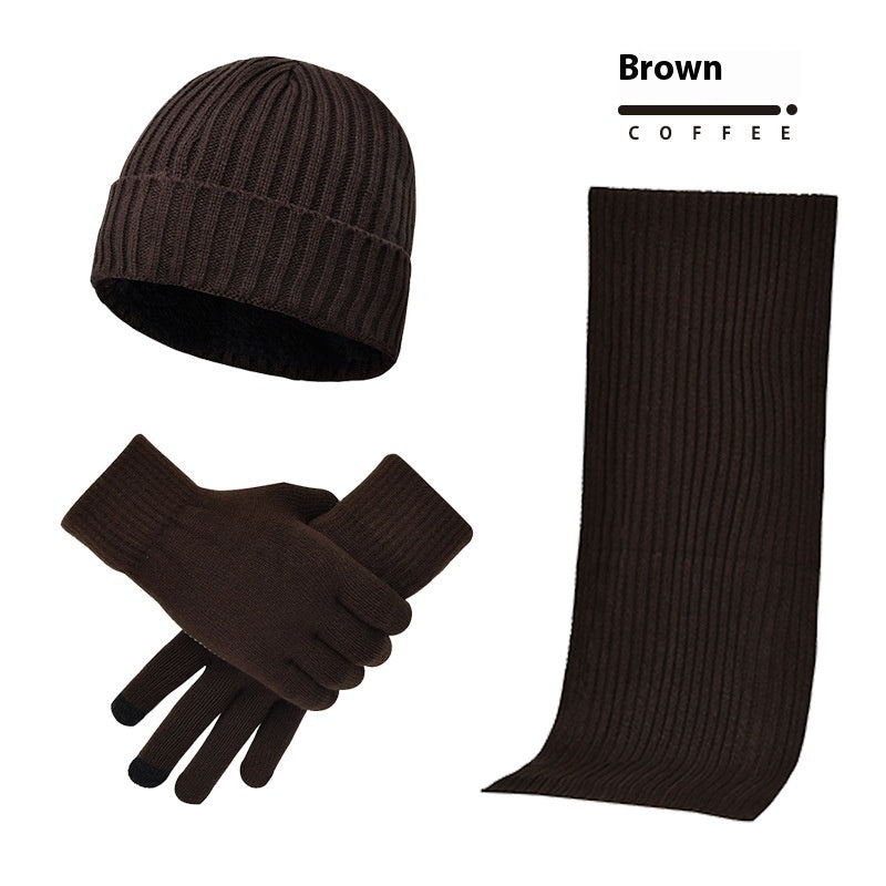 Men's And Women's Knitted Thickened Warm Wool Hat Scarf Gloves Three-piece Set