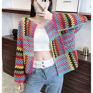 Heavy Industry Woven Nine Colors Patchwork Top Loose Knitted Coat Women