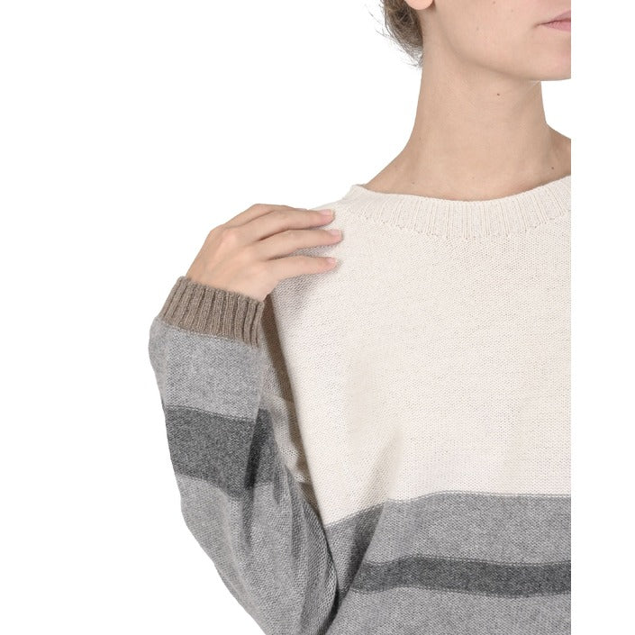 Crown of Edinburgh Cashmere - Crown of Edinburgh Cashmere Womens Boat Neck Sweater COE 0017 GREY/CREAM/ TAUPE