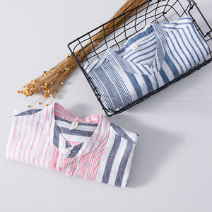 Men's Half Sleeve Striped Shirt Casual Linen Breathable Color Matching Short Sleeve Shirt Men