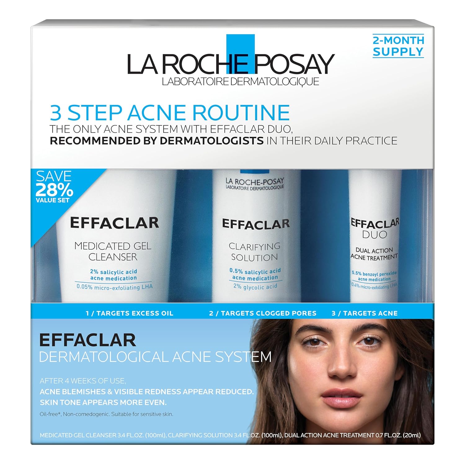 La Roche-Posay La Roche-Posay Effaclar Dermatological 3 Step Acne Treatment System, Salicylic Acid Acne Cleanser, Pore Refining Toner, and Benzoyl Peroxide Spot Treatment for Sensitive Skin, 2-Month