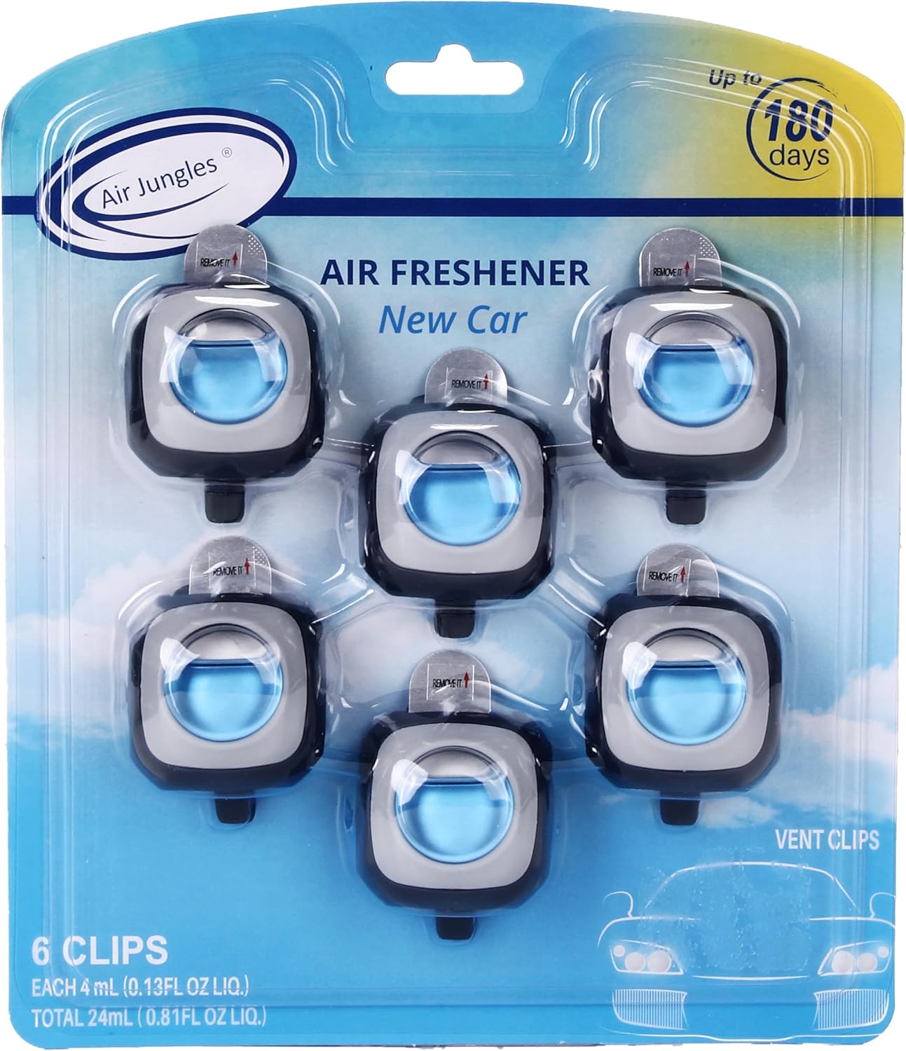 Air Jungles New Car Scent Car Air Freshener Clip, 6 Car Freshener Vent Clips, 4ml Each, Long Lasting Air Freshener for Car, Up to 180 Days Car Refresher Odor Eliminator