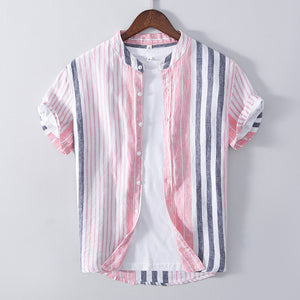 Men's Half Sleeve Striped Shirt Casual Linen Breathable Color Matching Short Sleeve Shirt Men