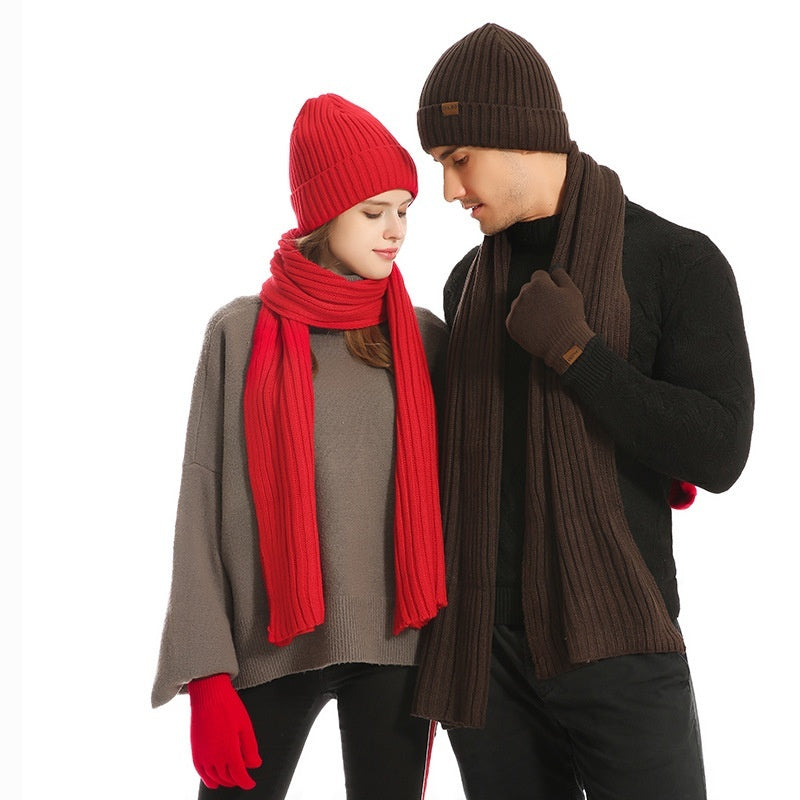 Men's And Women's Knitted Thickened Warm Wool Hat Scarf Gloves Three-piece Set