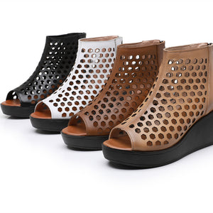 Women's Leather Shoes Peep Toe Sandals Platform Hollow-out Wedge