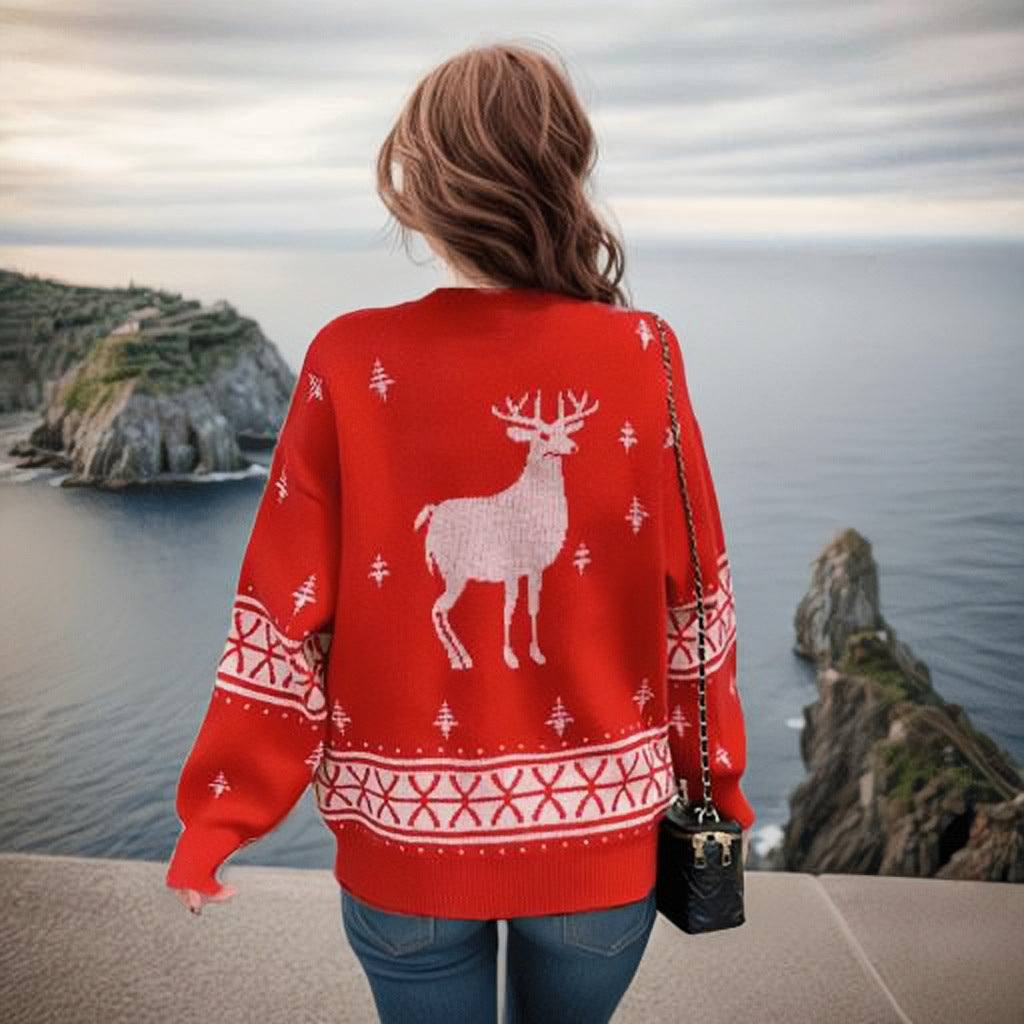 Christmas Elk Autumn And Winter Loose Women's Knitwear Round Neck Brocade Sweater