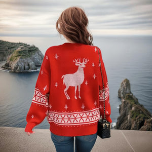 Christmas Elk Autumn And Winter Loose Women's Knitwear Round Neck Brocade Sweater