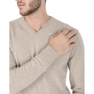 Crown of Edinburgh Cashmere - Crown of Edinburgh Cashmere Mens V Neck Sweater COE 0012 BEIGE