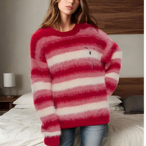 Autumn And Winter Loose Oversized Knitted Top European And American Christmas Round Neck Red Striped Long Velvet Sweater