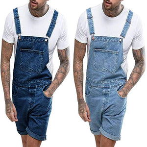 Retro Men's Denim With Hole Shorts One-piece Working Bib Top Pants