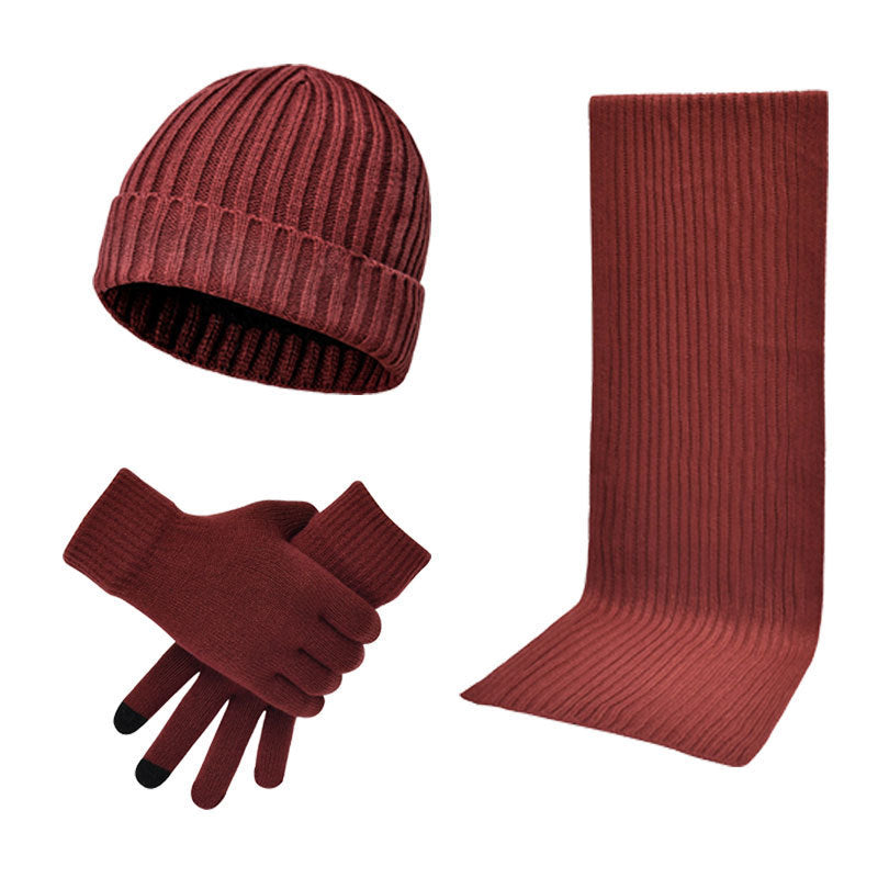 Men's And Women's Knitted Thickened Warm Wool Hat Scarf Gloves Three-piece Set