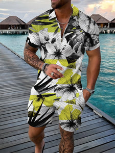 Men's Sports Casual Retro Flower T-shirt Shorts Set Zipper