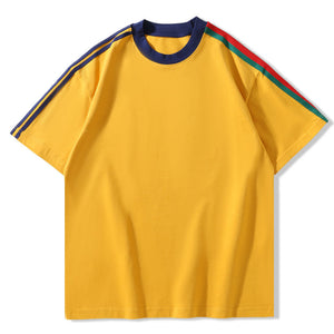 Cotton Heavy Raglan Color Stripes Short Sleeve Men's European And American Couple Loose Solid Color Color Stripes T-shirt