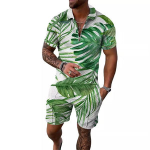 Men's Sports Casual Retro Flower T-shirt Shorts Set Zipper