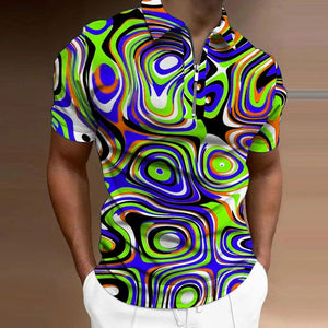 Casual Men's Shirt Golf Shirt Optical Illusion 3D Printing Zipper And Lapel Short Sleeve