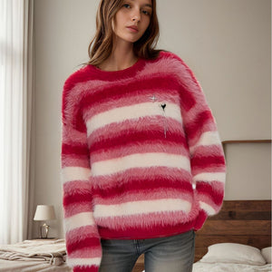 Autumn And Winter Loose Oversized Knitted Top European And American Christmas Round Neck Red Striped Long Velvet Sweater