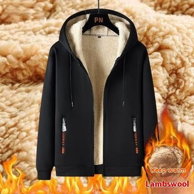 Velvet Padded Thickened Sweater Men's Cardigan Hooded Coat Casual Two-piece Suit Lambswool