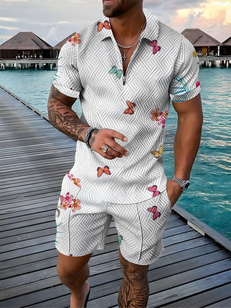 Men's Sports Casual Retro Flower T-shirt Shorts Set Zipper