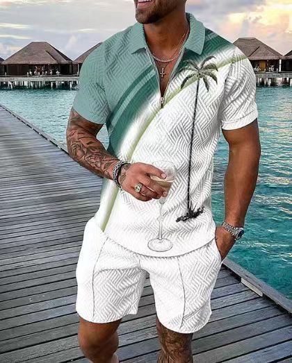 Men's New Clothes Zipper Polo Short Sleeve Suit