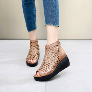 Women's Leather Shoes Peep Toe Sandals Platform Hollow-out Wedge