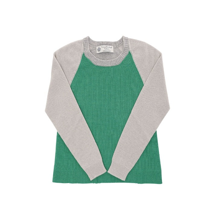 Crown of Edinburgh Cashmere - Crown of Edinburgh Cashmere Womens Round Neck Sweater COE 0016 GREEN/CREAM