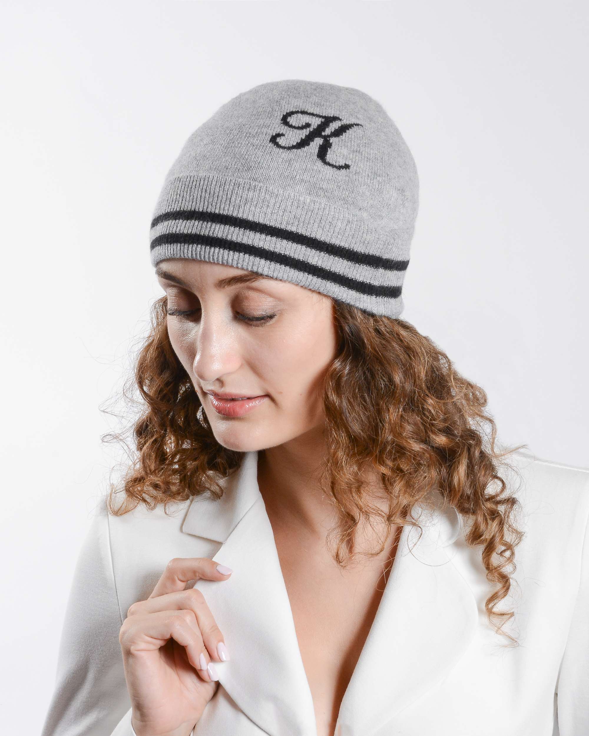 Crown of Edinburgh Cashmere Monogrammed Beanie BRUNTSFIELD GREY K