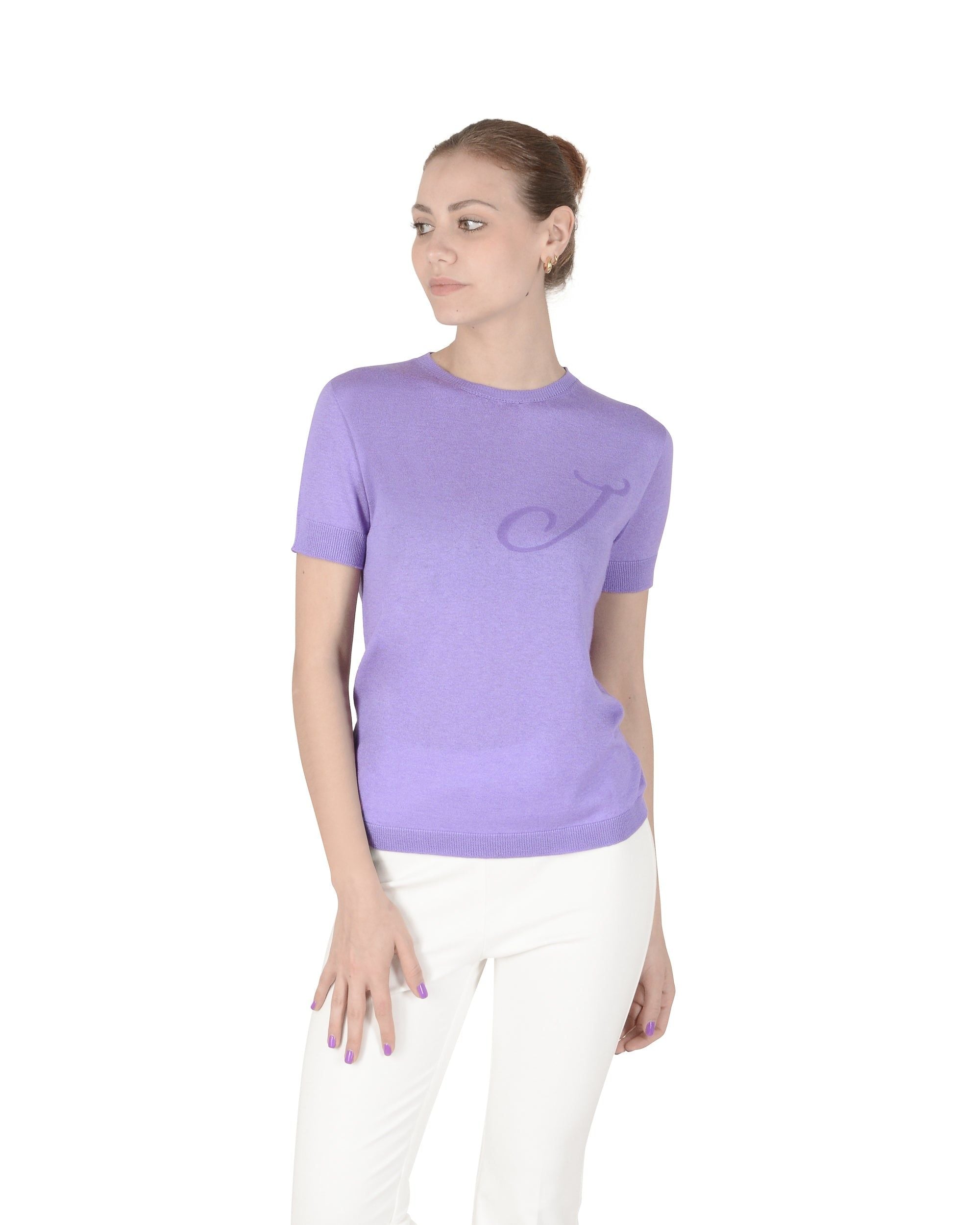 Crown of Edinburgh Cashmere Short Sleeve ART 003 LILAC LETTER J