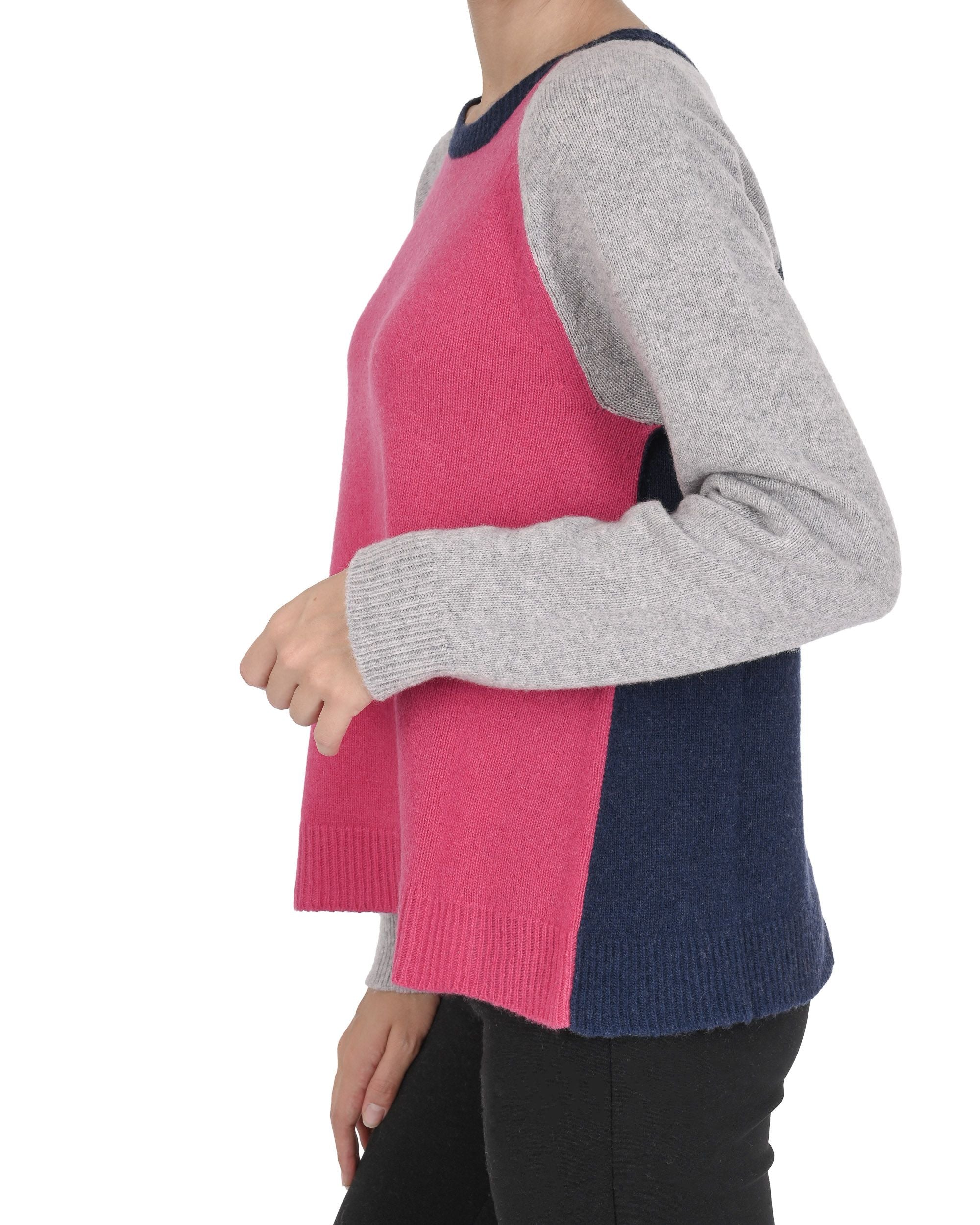 Crown of Edinburgh Cashmere Womens Round Neck Sweater COE 0016 FUSCHIA/CREAM