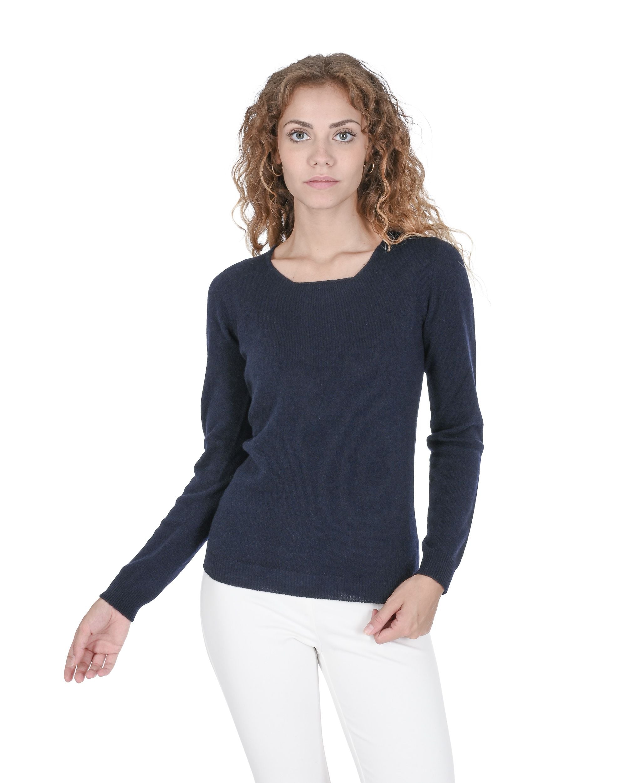 Crown of Edinburgh Cashmere Womens Square Neck Sweater COE 0024 NAVY