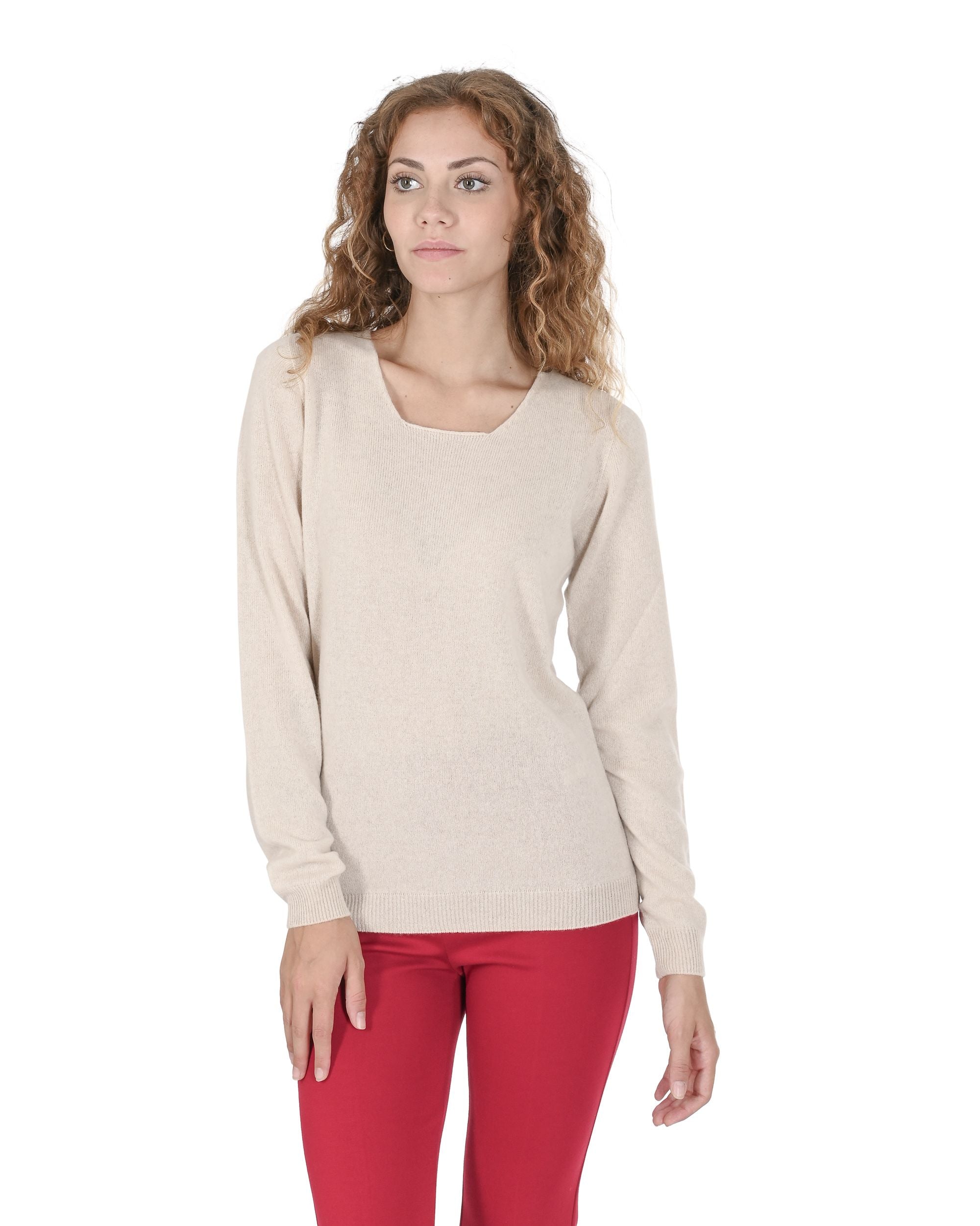 Crown of Edinburgh Cashmere Womens Square Neck Sweater COE 0024 LINEN