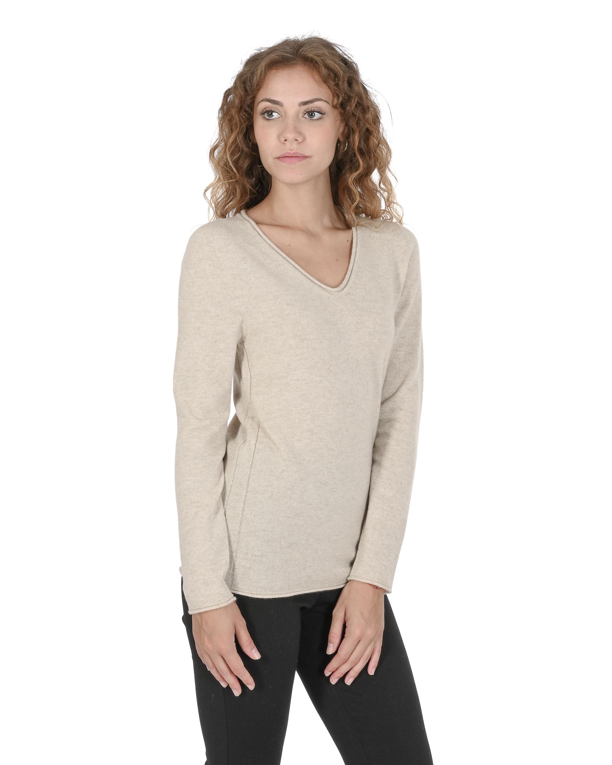 Crown of Edinburgh Cashmere Womens V Neck Sweater COE 0022 BEIGE